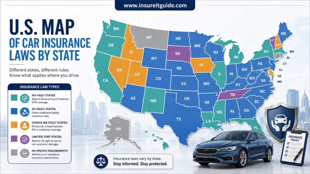 Car Insurance Laws Across the United States United States map showing different car insurance laws by state