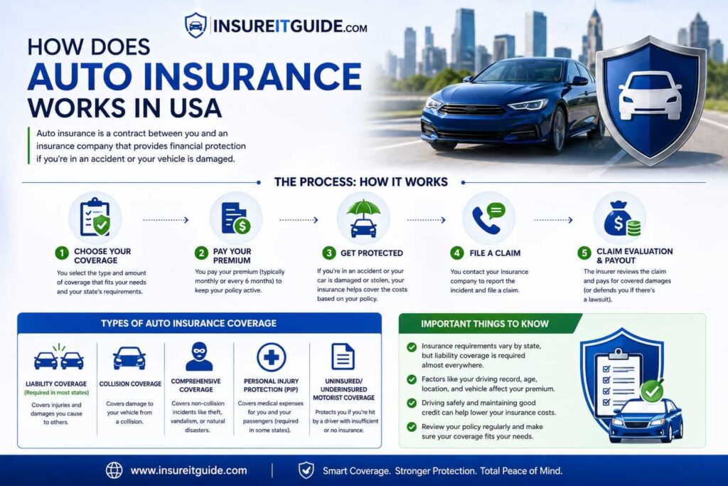 How auto insurance works in the USA with claims and financial protection illustration