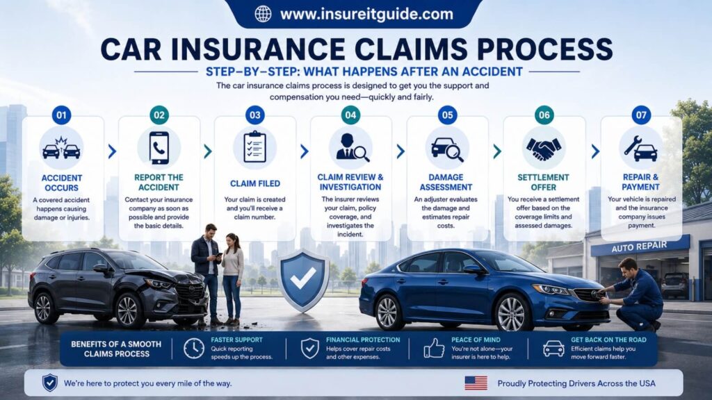 How the Car Insurance Claims Process Works Infographic explaining how car insurance claims work after accidents