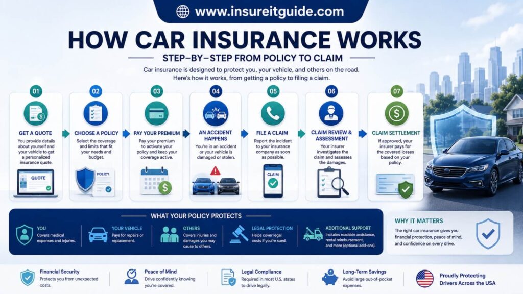 Step-by-Step Process of How Car Insurance Works Step-by-step infographic showing how car insurance works in the USA