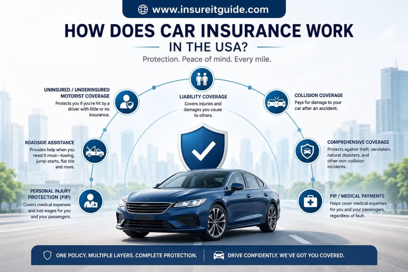Professional infographic explaining how auto insurance protects drivers financially through liability coverage, premiums, deductibles, accident claims, and vehicle repair protection in the United States.