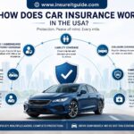 Professional infographic explaining how auto insurance protects drivers financially through liability coverage, premiums, deductibles, accident claims, and vehicle repair protection in the United States.