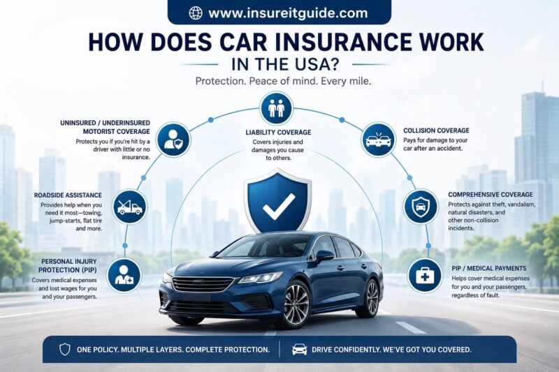 Professional infographic explaining how auto insurance protects drivers financially through liability coverage, premiums, deductibles, accident claims, and vehicle repair protection in the United States.