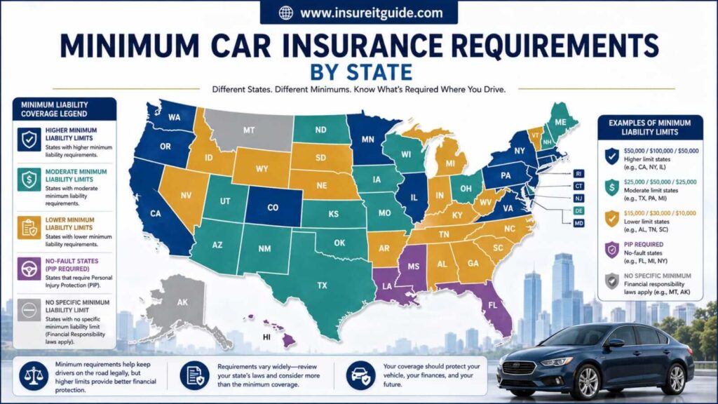 Minimum Car Insurance Requirements by State Map USA map infographic showing minimum car insurance requirements by state
