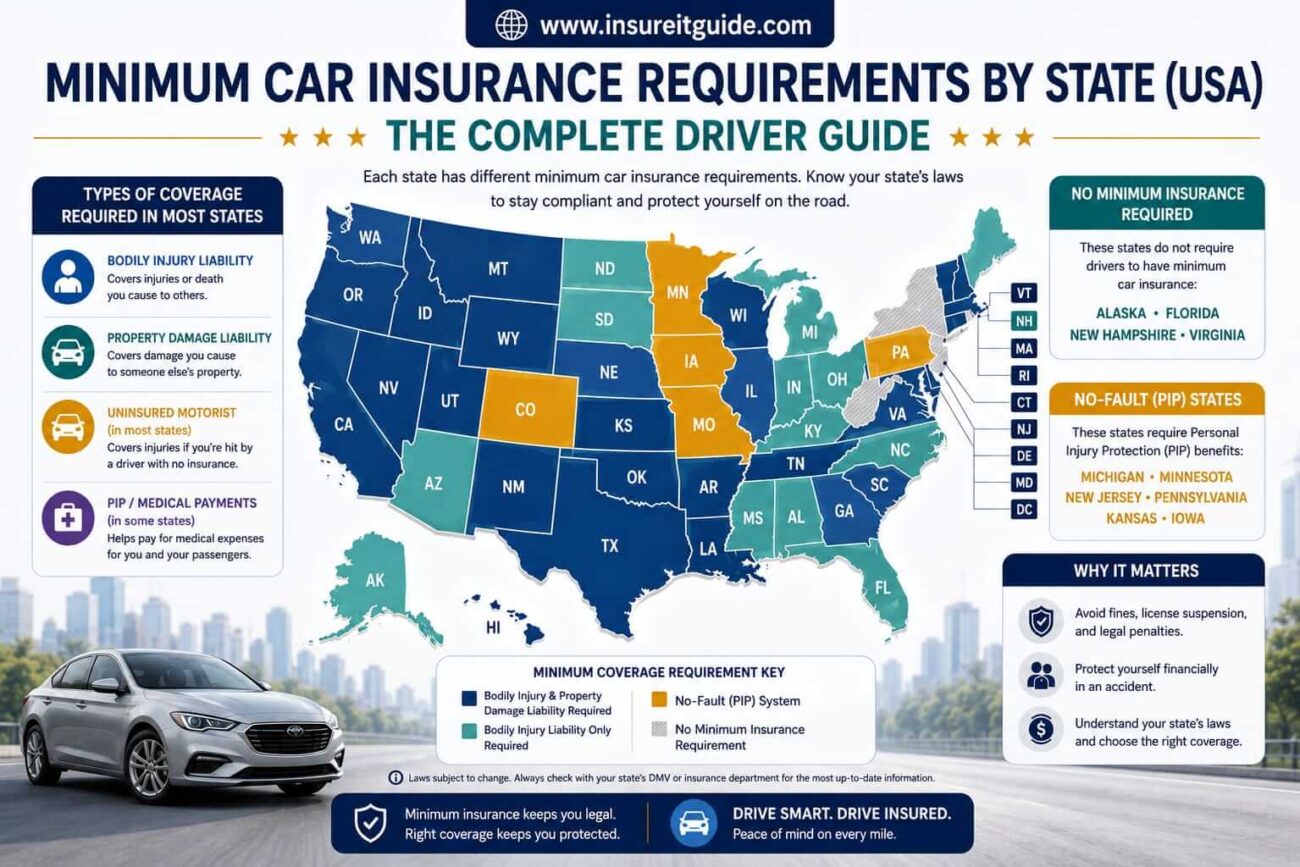 USA map infographic showing minimum car insurance requirements by state and required liability coverage