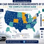 USA map infographic showing minimum car insurance requirements by state and required liability coverage