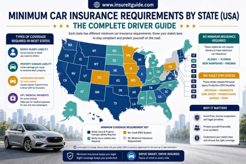 USA map infographic showing minimum car insurance requirements by state and required liability coverage