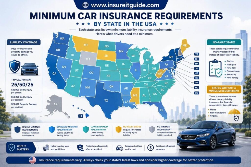 Minimum Car Insurance Requirements by State Map infographic showing minimum car insurance requirements by state in the USA