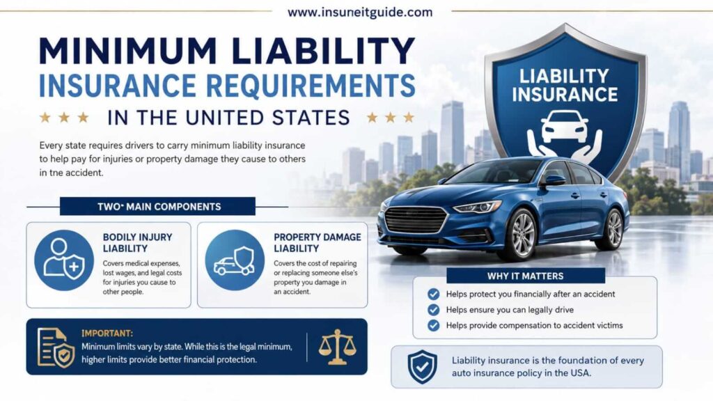 Minimum Liability Insurance Requirements Guide Minimum liability insurance coverage infographic for drivers in the USA