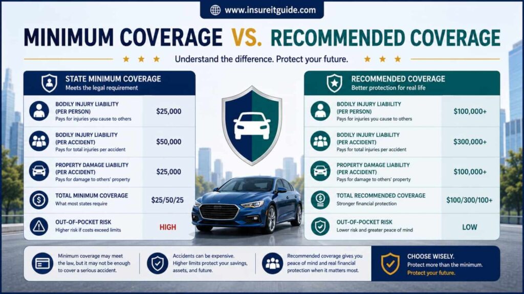 Minimum Coverage vs Recommended Insurance Protection Comparison infographic showing minimum and recommended car insurance coverage