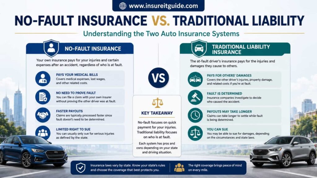 No-Fault Insurance vs Traditional Liability Systems Comparison infographic explaining no-fault and traditional auto insurance systems