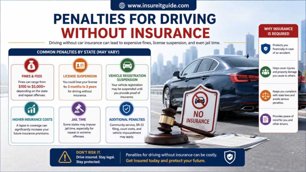 Penalties for Driving Without Auto Insurance Infographic showing penalties for driving without car insurance in the USA