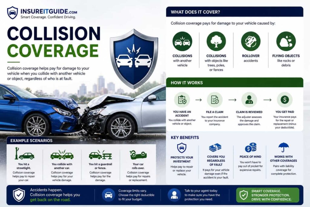 Collision coverage infographic showing vehicle accident repair and crash protection insurance