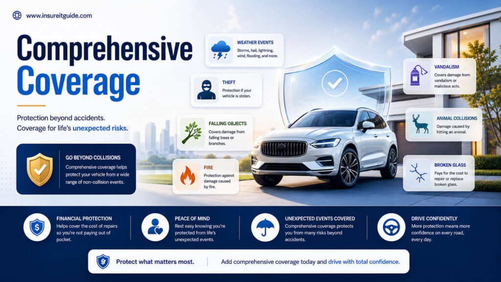 Comprehensive auto insurance infographic showing theft weather and non-collision damage protection