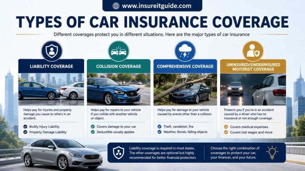 Types of Auto Insurance Coverage Explained Comparison infographic showing major types of car insurance coverage