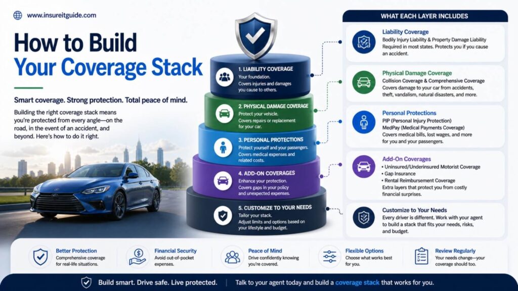 Auto insurance coverage stack infographic showing layered financial protection strategies