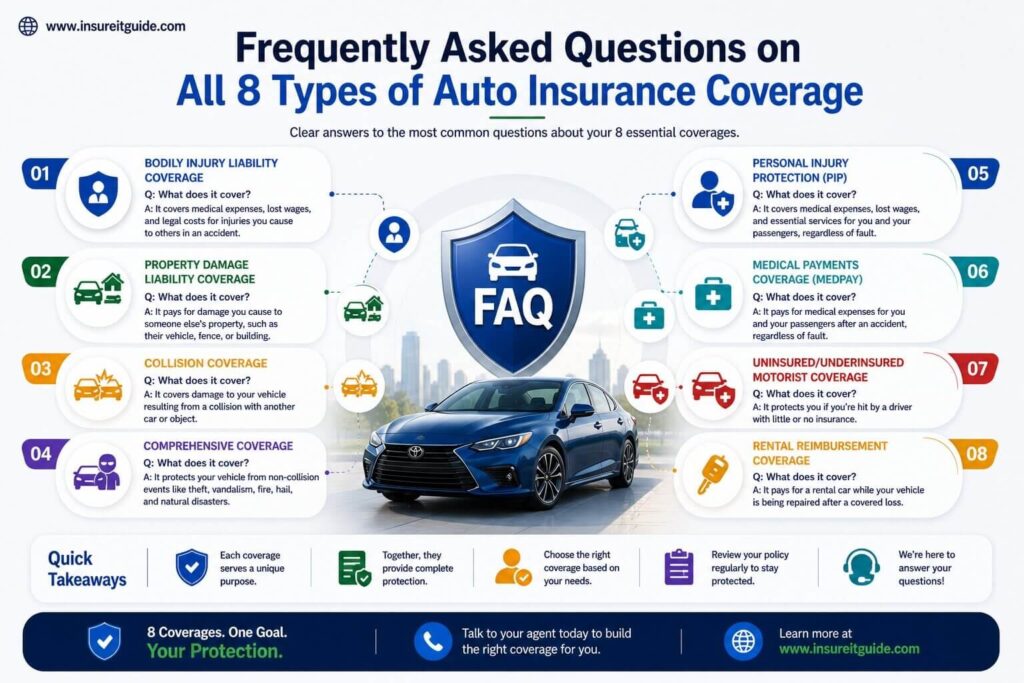 Auto insurance FAQ infographic showing common car insurance questions and answers