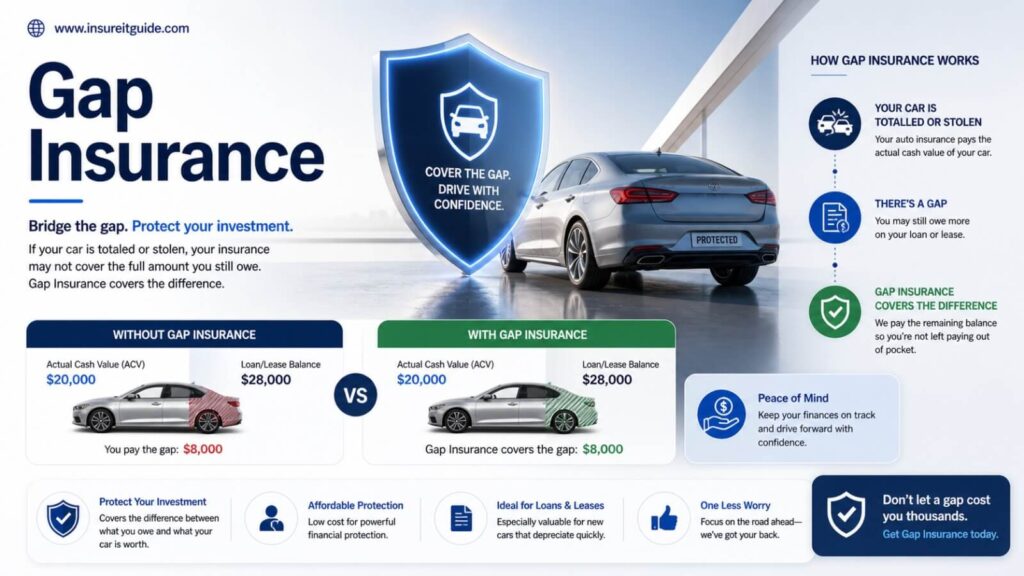 Gap insurance infographic showing loan payoff and vehicle depreciation protection