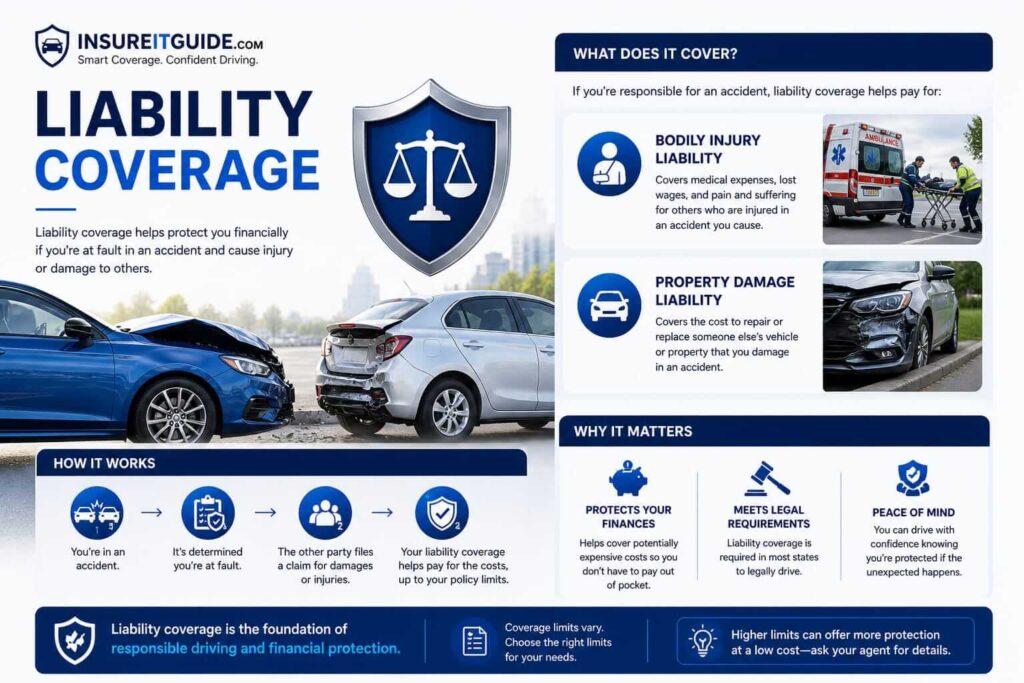 Types of auto insurance liability coverage infographic showing bodily injury and property damage protection