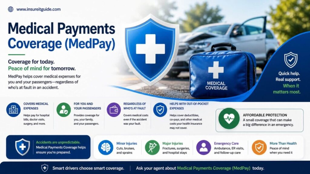 MedPay coverage infographic showing medical payments insurance after car accidents