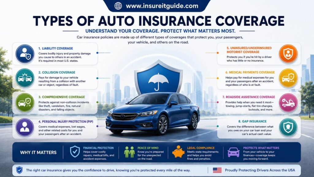 Types of Auto Insurance Coverage Explained Infographic showing the main types of auto insurance coverage in the USA