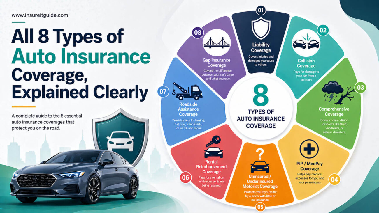Types of auto insurance infographic showing 8 coverage options with car protection icons and policy visuals