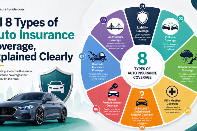 Types of auto insurance infographic showing 8 coverage options with car protection icons and policy visuals