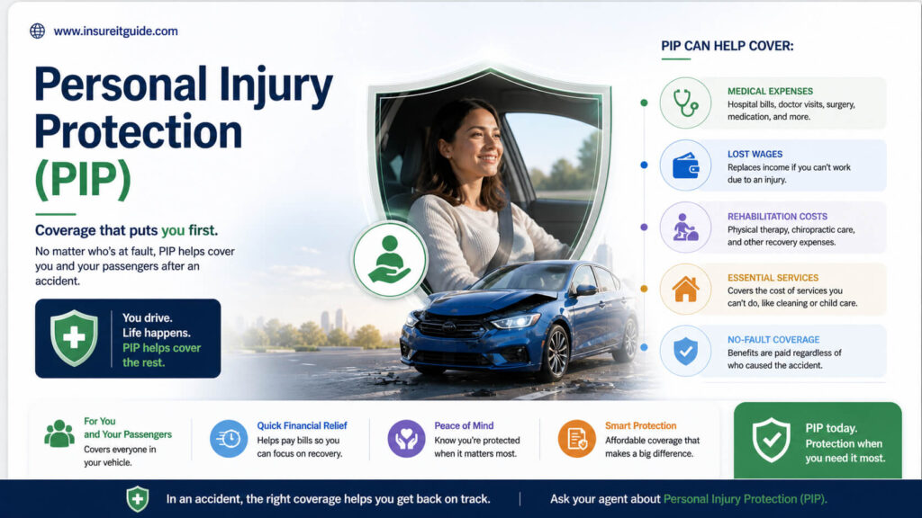 Personal Injury Protection PIP coverage infographic showing medical and injury expense protection