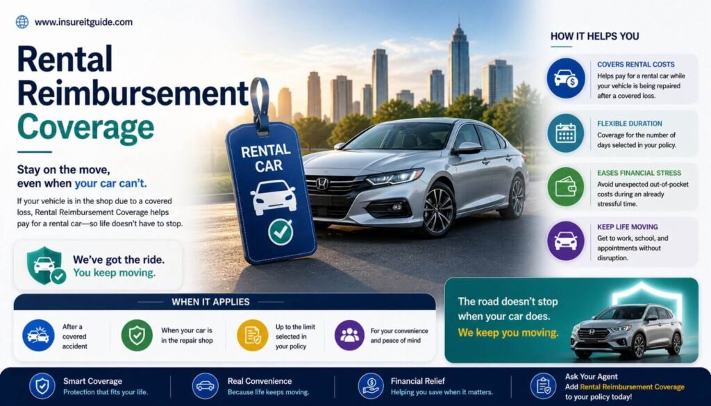 Rental reimbursement coverage infographic showing temporary replacement vehicle protection
