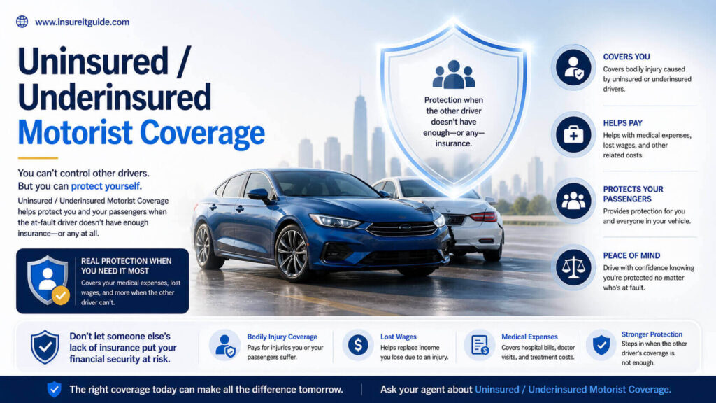 Uninsured motorist coverage infographic showing protection from uninsured driver accidents