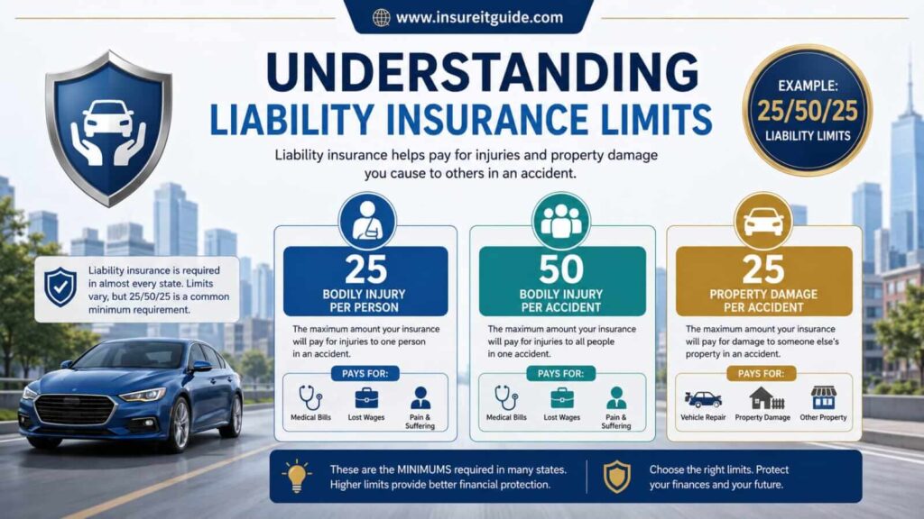 Understanding Auto Insurance Liability Limits Infographic explaining 25/50/25 car insurance liability limits