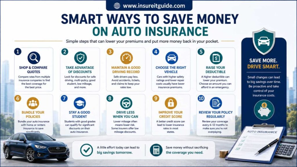 Smart Ways to Save Money on Auto Insurance Infographic showing practical ways to save money on car insurance