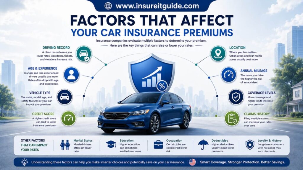 What Factors Affect Car Insurance Premiums? Infographic showing factors that affect car insurance premiums in the USA