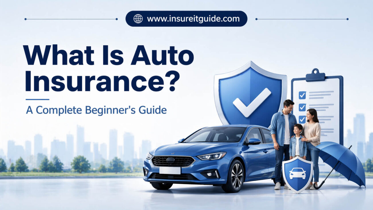 What Is Auto Insurance? infographic showing a car, insurance policy clipboard, and protection shield for drivers