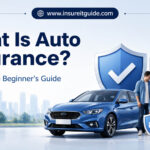 What Is Auto Insurance? infographic showing a car, insurance policy clipboard, and protection shield for drivers