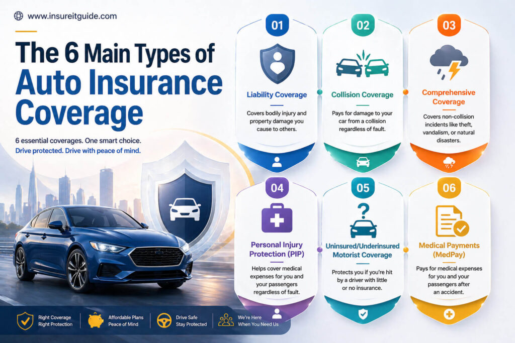 Main types of auto insurance coverage, including liability and collision protection