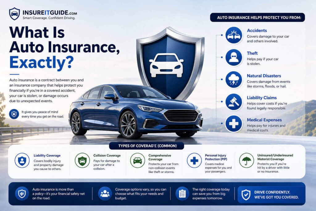 What Is Auto Insurance explained with vehicle protection and insurance policy illustration