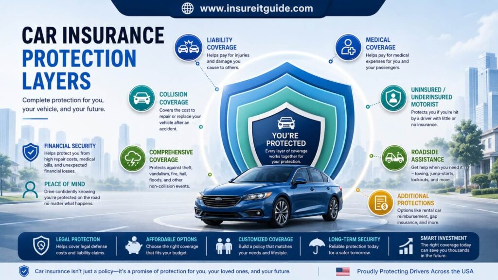 What Is Auto Insurance and How Does It Protect Drivers? Educational infographic showing how auto insurance helps cover vehicle repairs, liability claims, medical costs, theft, and other covered financial losses for drivers.