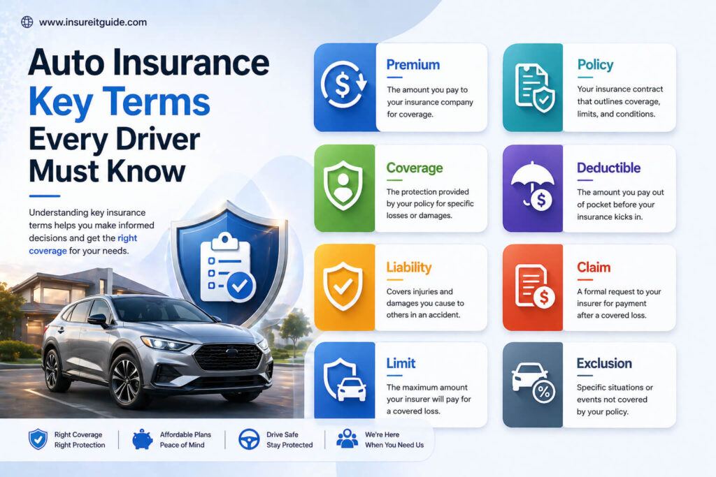 Auto insurance key terms, including deductible, premium, and liability concepts
