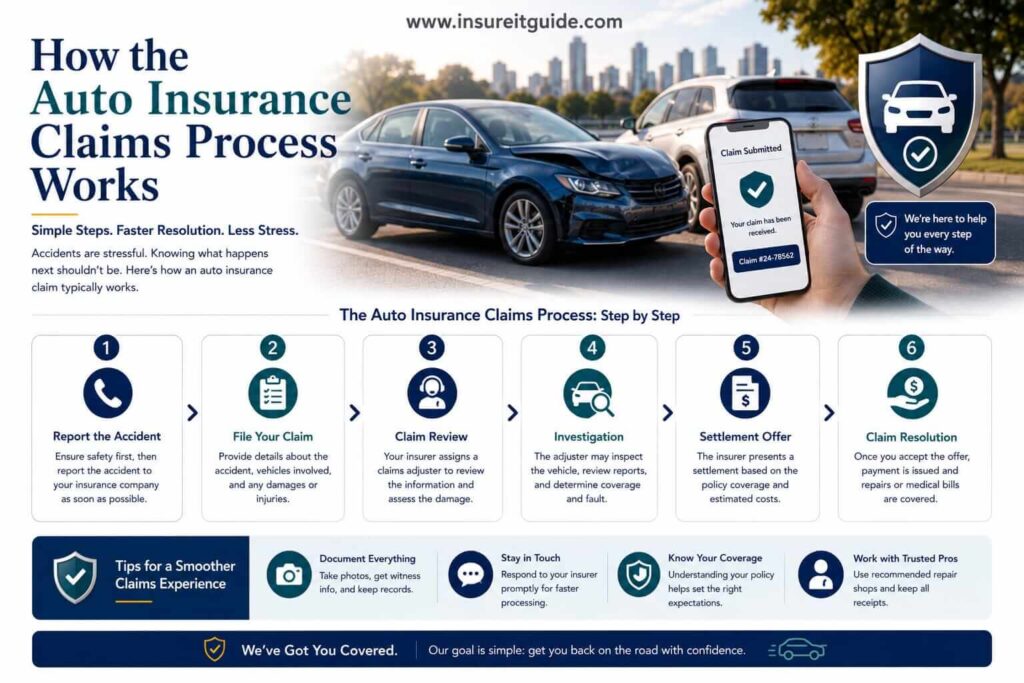 Step-by-step infographic showing how auto insurance claims are filed, reviewed, and settled after an accident.