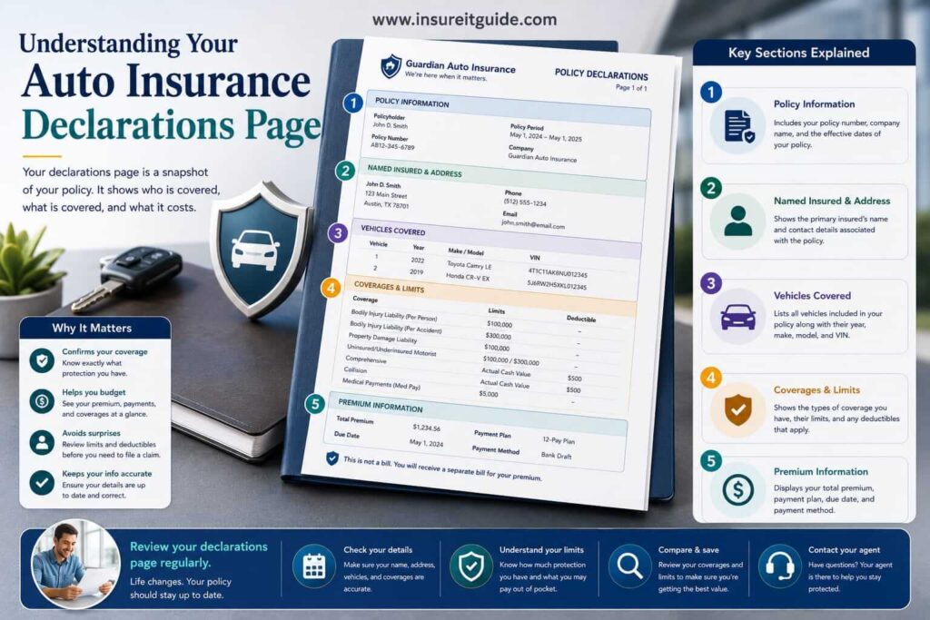 Professional infographic showing an auto insurance declarations page with policy limits, deductibles, insured vehicles, premium details, and coverage information.