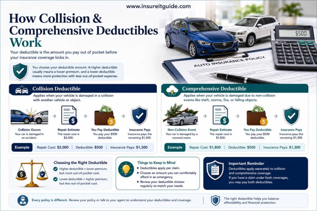 Professional infographic explaining how collision and comprehensive insurance deductibles affect claim payouts, repair costs, and out-of-pocket expenses.