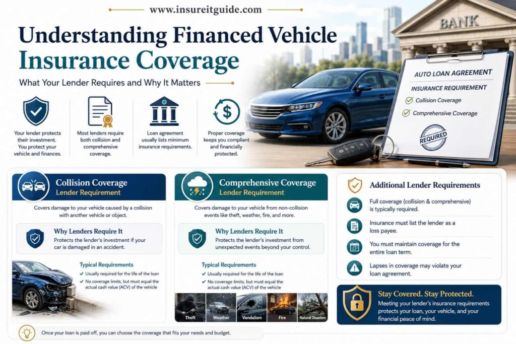 Insurance infographic explaining why lenders usually require collision and comprehensive coverage for financed or leased vehicles in the United States.