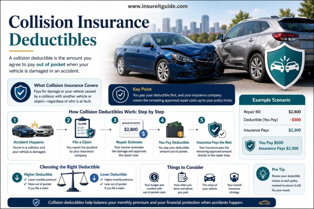 Professional infographic explaining collision insurance deductibles using vehicle repair costs, accident claim examples, and insurance payout comparisons.