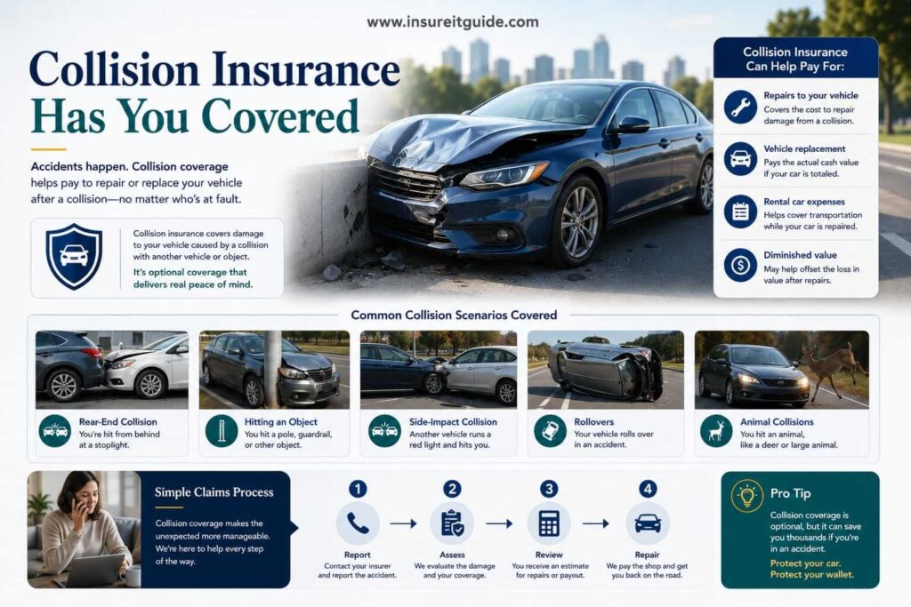 Professional collision coverage infographic showing damaged vehicle repairs, insurance payouts, repair shop visuals, and accident protection scenarios.