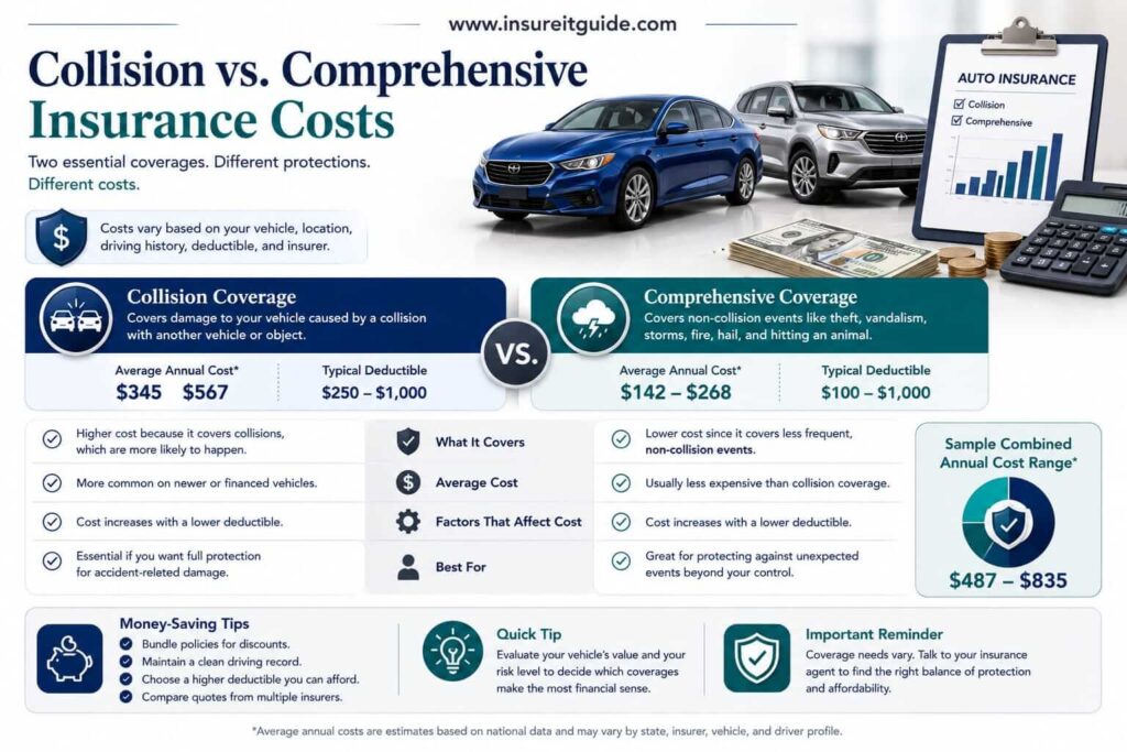 Insurance cost comparison infographic showing average pricing differences between collision insurance coverage and comprehensive auto insurance coverage.