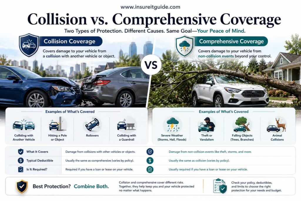 Side-by-side comparison infographic showing the differences between collision insurance and comprehensive insurance coverage for vehicle damage protection.