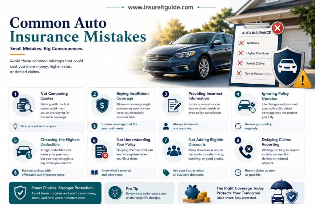 Infographic showing common auto insurance mistakes such as low coverage limits and misunderstanding policy exclusions.