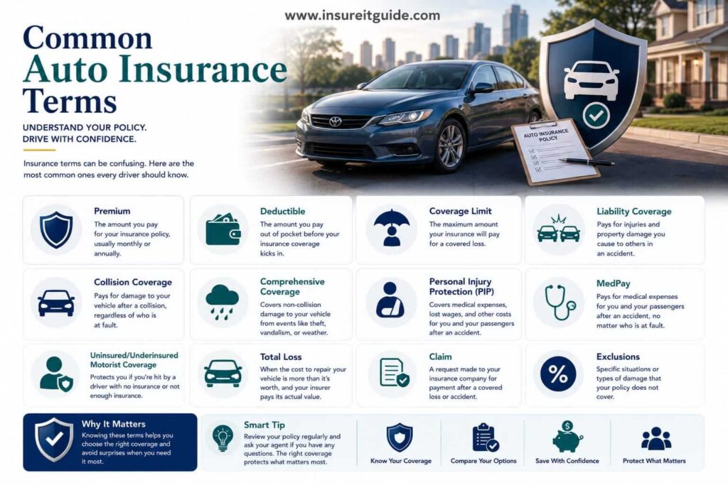 Visual guide explaining common auto insurance terms, deductibles, premiums, liability limits, and policy definitions.