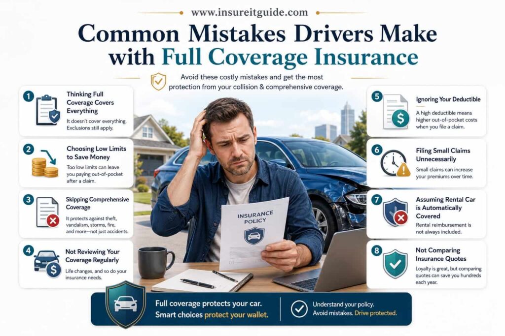Educational infographic showing common full coverage auto insurance mistakes, including misunderstanding deductibles, low coverage limits, and policy gaps.